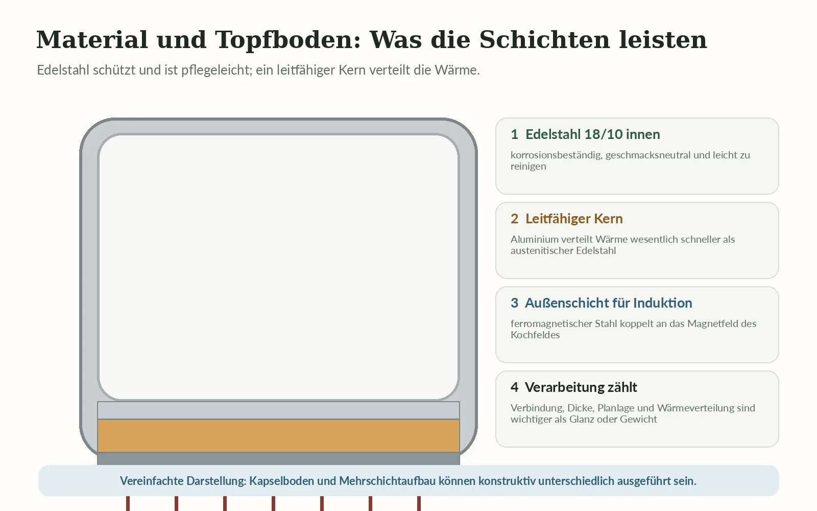 Vereinfachter Querschnitt eines mehrschichtigen Topfbodens aus Edelstahl Aluminiumkern und magnetisierbarer Außenschicht