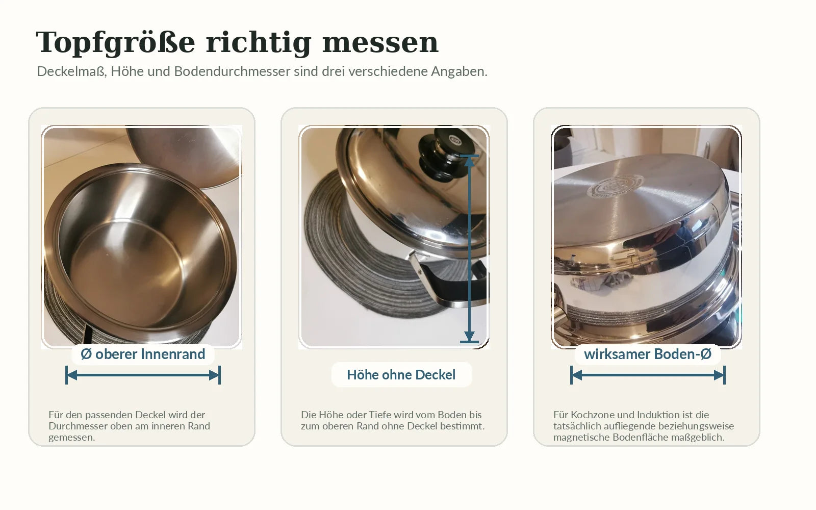 Topfgröße am oberen Innenrand messen und zusätzlich Höhe sowie Bodendurchmesser bestimmen