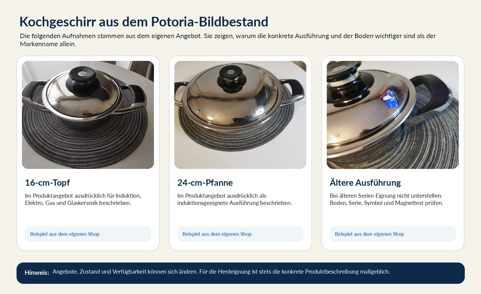 AMC Topf und Pfanne aus dem Potoria-Bildbestand als Beispiele für unterschiedliche Herdzuordnung