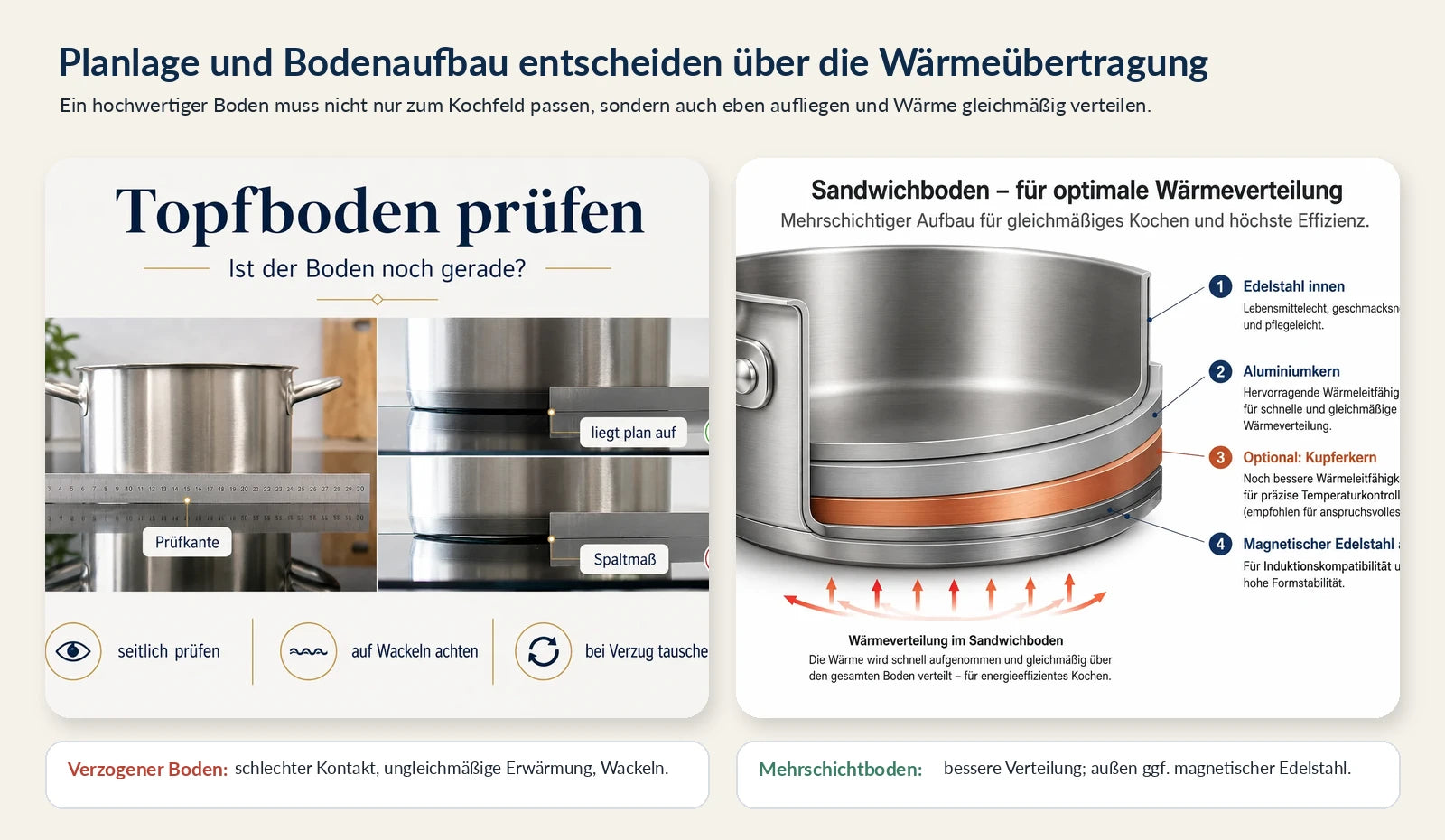 Prüfung eines planen Topfbodens und Querschnitt eines Mehrschicht- beziehungsweise Sandwichbodens