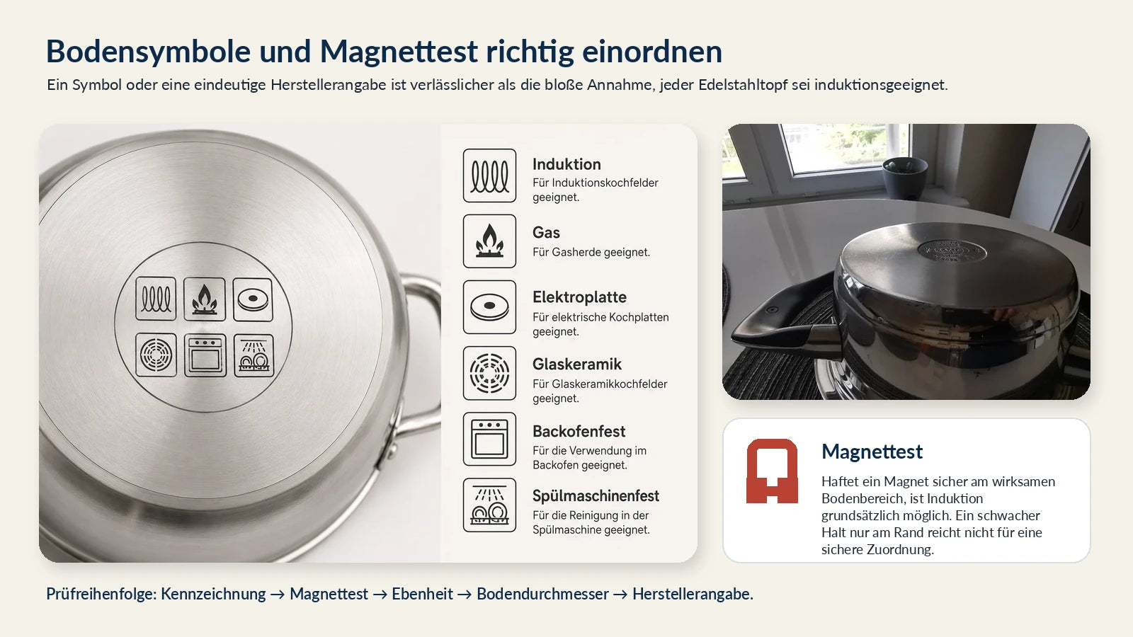 Topfbodensymbole und Magnettest zur Prüfung der Induktionseignung