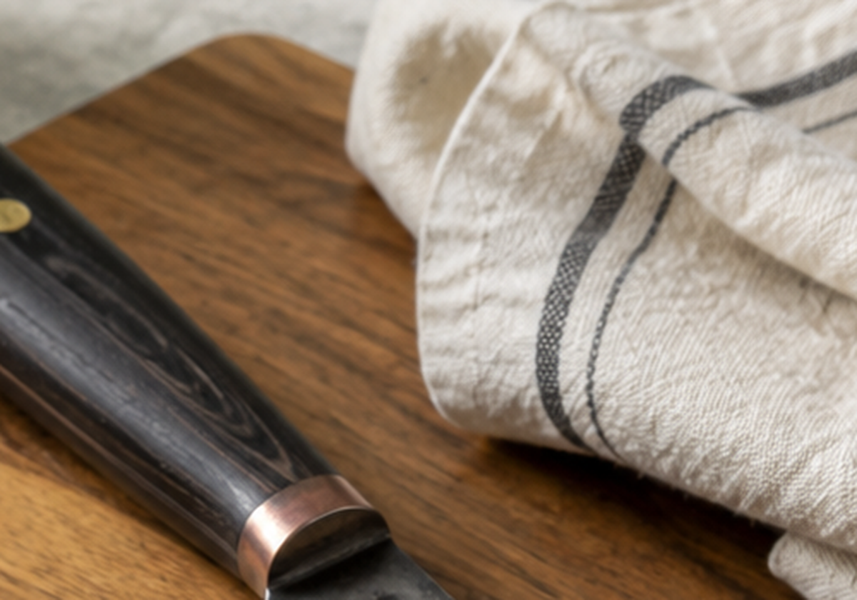 Detailfoto eines Küchenmessers mit Holzgriff und sichtbarem Metallniet